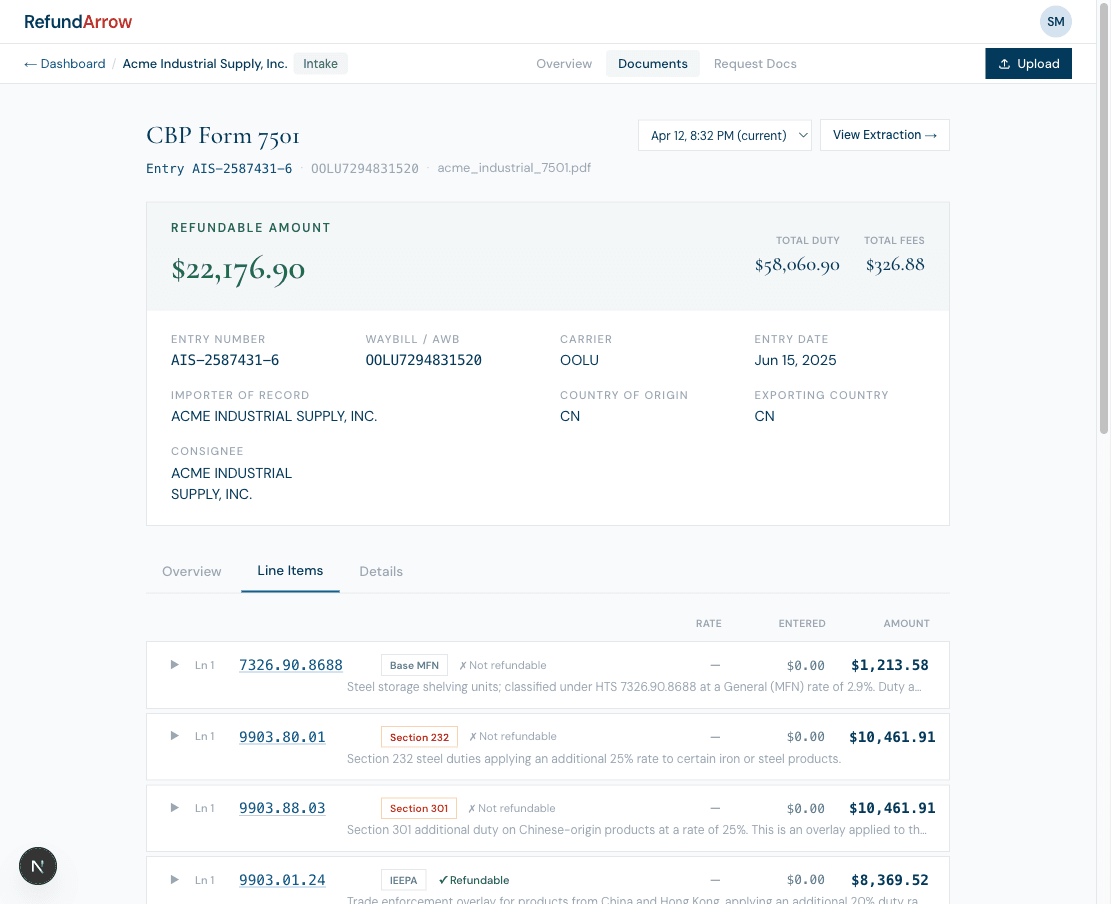 RefundArrow line items tab showing extracted tariff lines with IEEPA, Section 232, and Section 301 classification