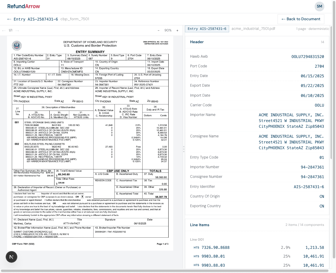 RefundArrow extraction view showing side-by-side PDF and parsed CBP Form 7501 data