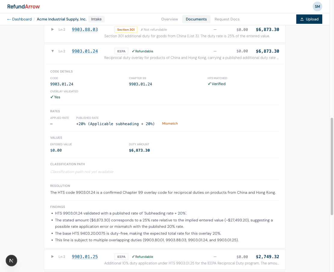 RefundArrow rate verification detecting a tariff rate mismatch between stated and published amounts