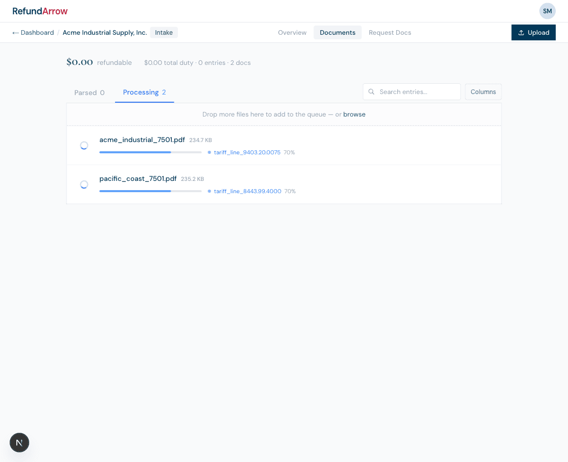 RefundArrow processing view showing document upload pipeline in progress